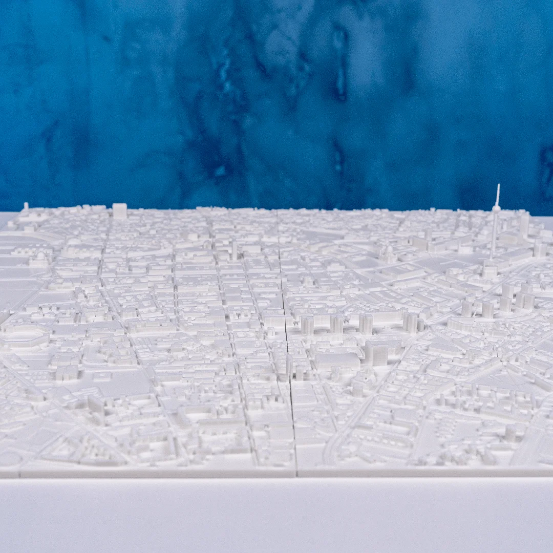 Low wide view of a Berlin city relief map showing its building heights.