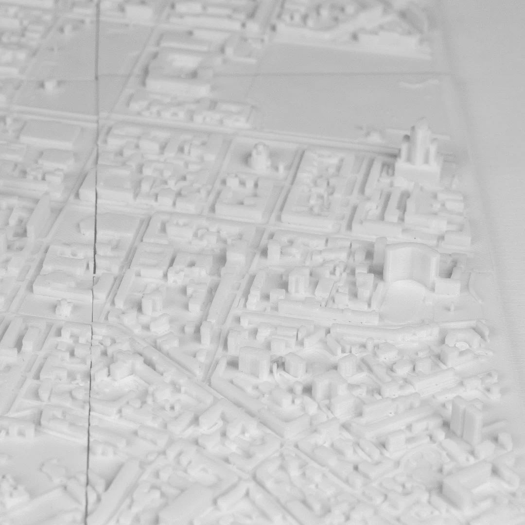Overhead building detail in a Kyiv city relief map.