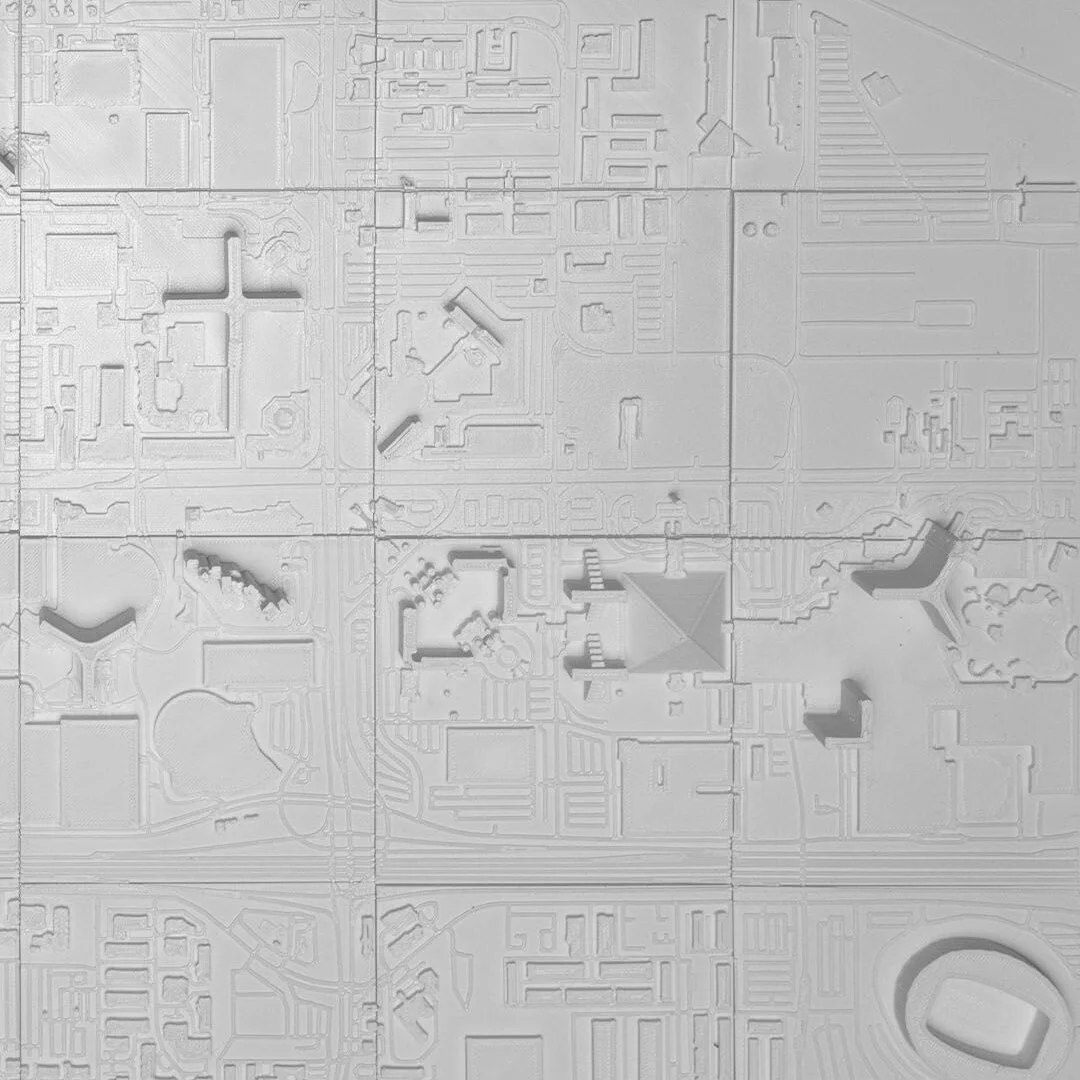 Close overhead view of a Las Vegas city relief map showing building footprints.