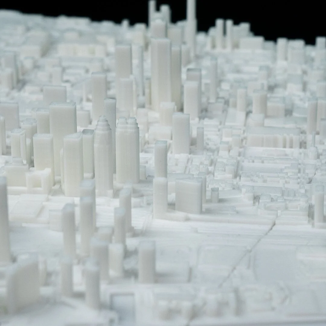 Angled view along city blocks in a Toronto city relief map.