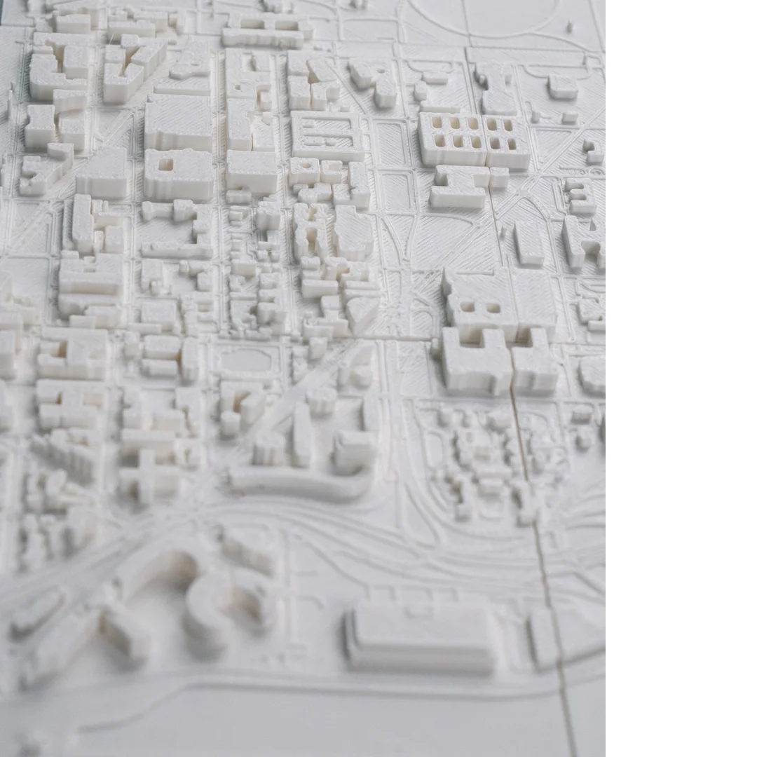 Angled detail of raised buildings in a Washington DC city relief map.