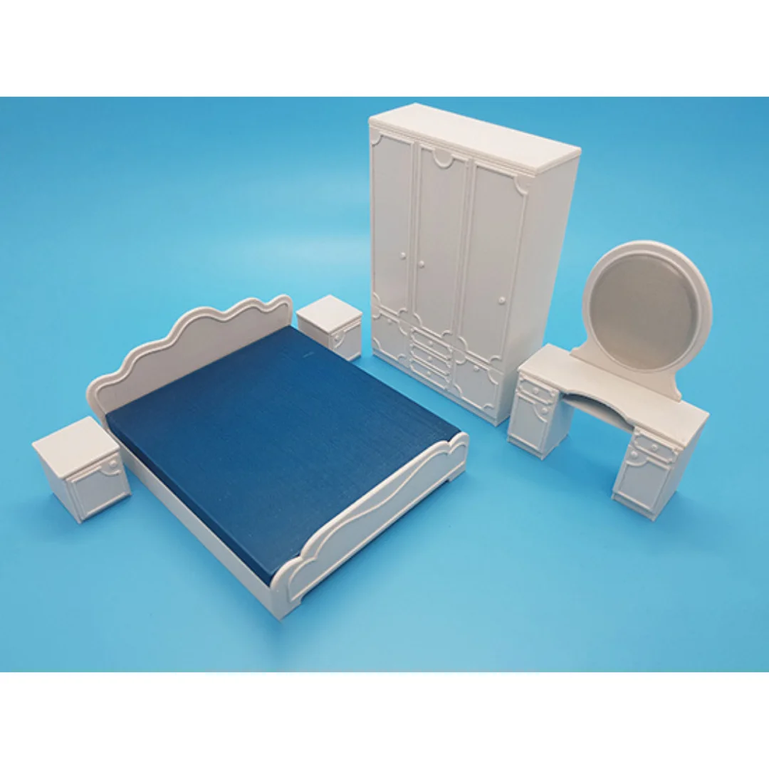 Classic miniature bedroom furniture set with bed, wardrobe and dressing mirror at 1:20 scale.