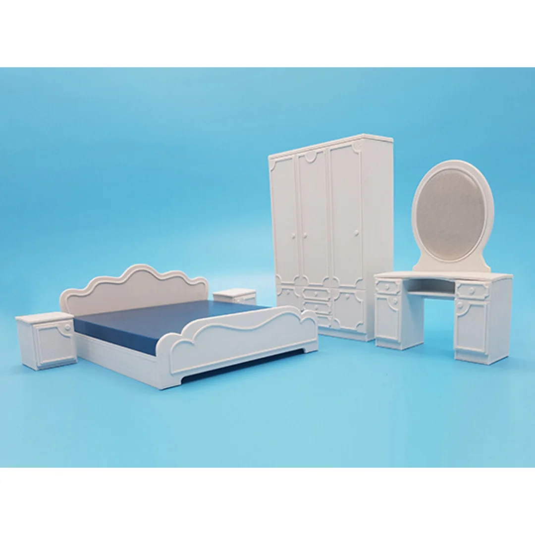 Classic miniature bedroom furniture set with bed, wardrobe and dressing mirror at 1:20 scale.
