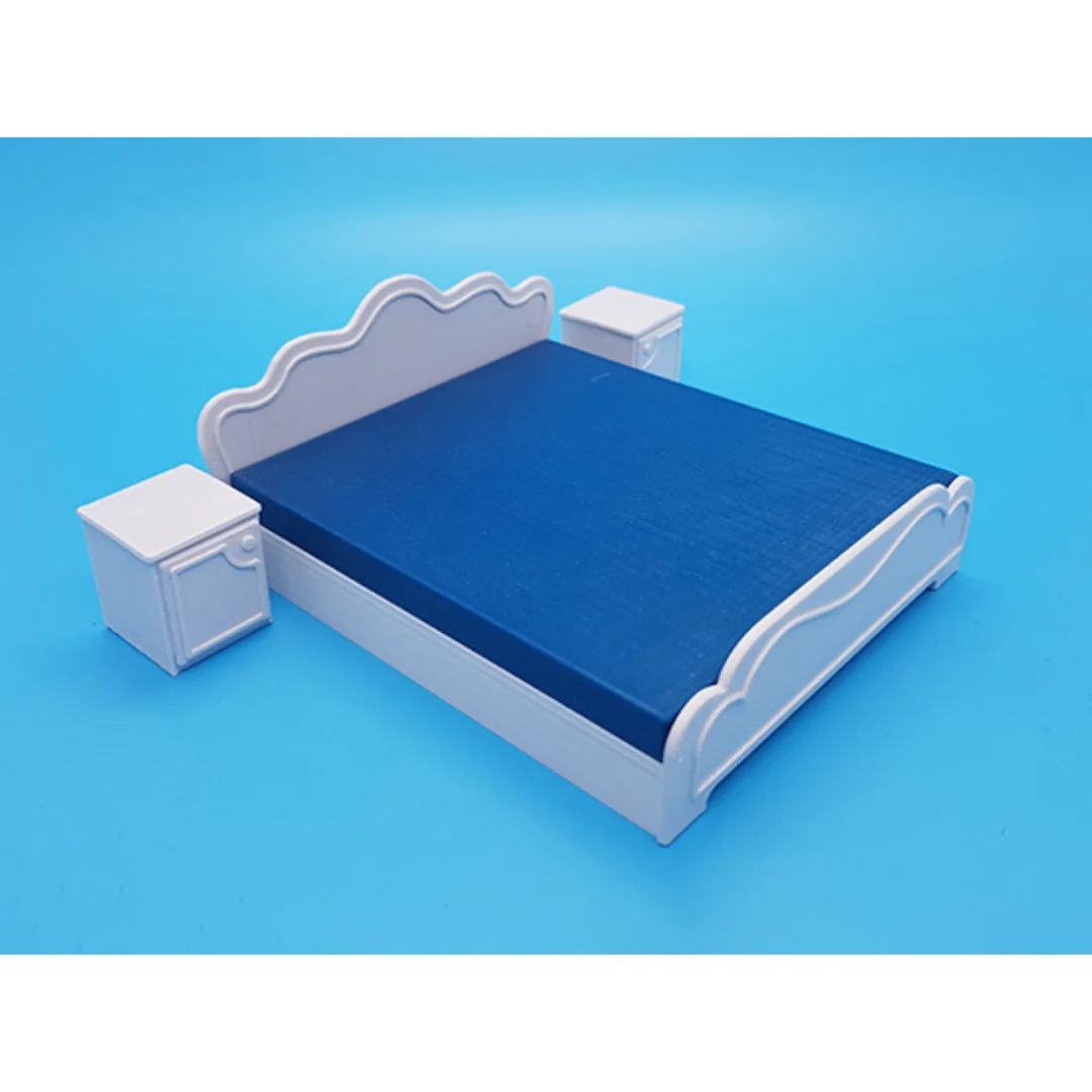 Classic miniature bed with bedside tables at 1:20 scale.