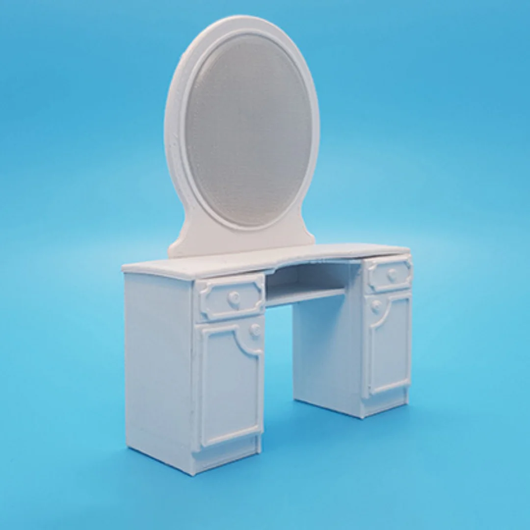 Classic miniature dressing table with an oval mirror at 1:20 scale.