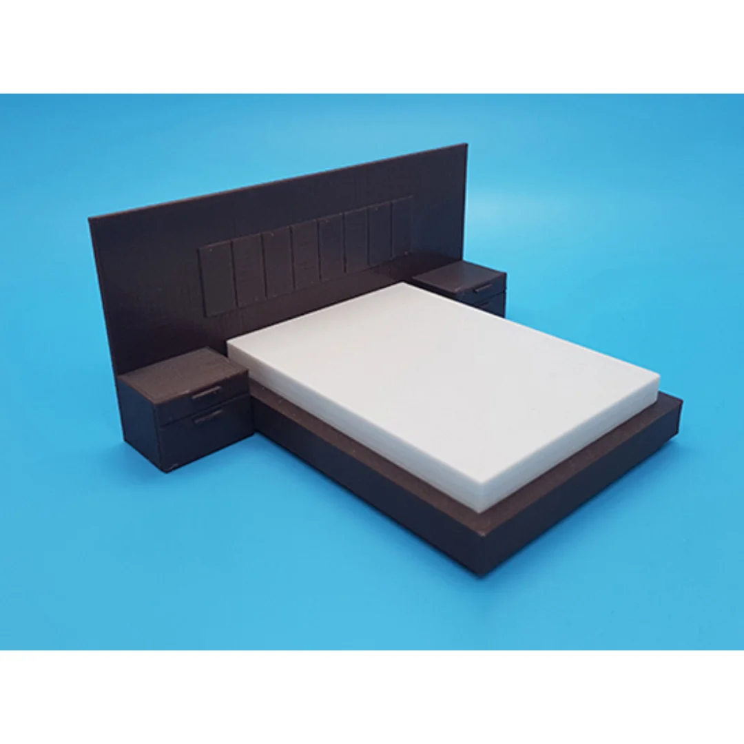 Modern miniature bed with bedside cabinets at 1:20 scale.