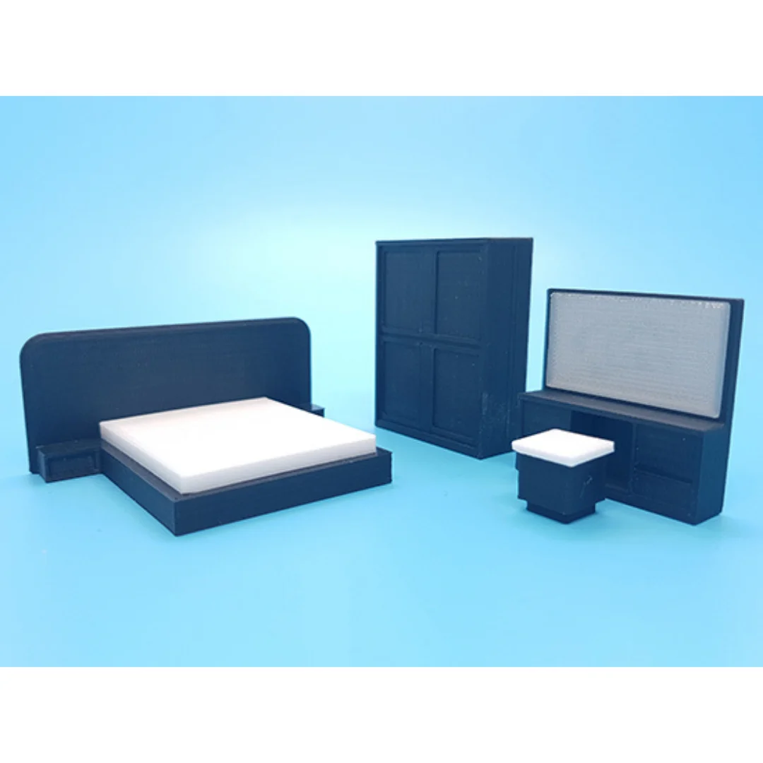 Aurora miniature bedroom furniture set with bed, wardrobe and dressing mirror at 1:50 scale.