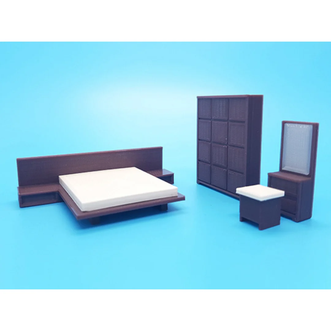 Cora miniature bedroom set at 1:50 scale, showing the bed, wardrobe and dressing mirror.
