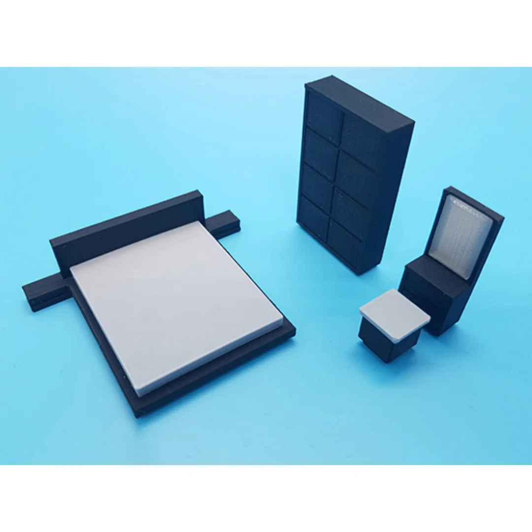 Hazel miniature bedroom set at 1:50 scale, showing the bed, wardrobe and dressing mirror.