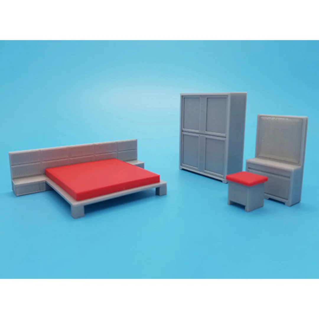 Mila miniature bedroom set at 1:50 scale, showing the bed, wardrobe and dressing mirror.
