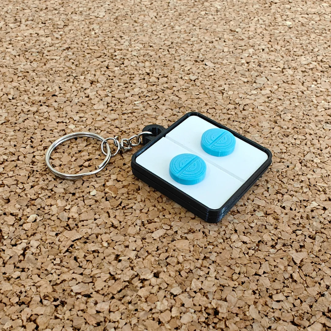 Angled view of a rectangular keychain with two raised round pill shapes and a metal split ring.