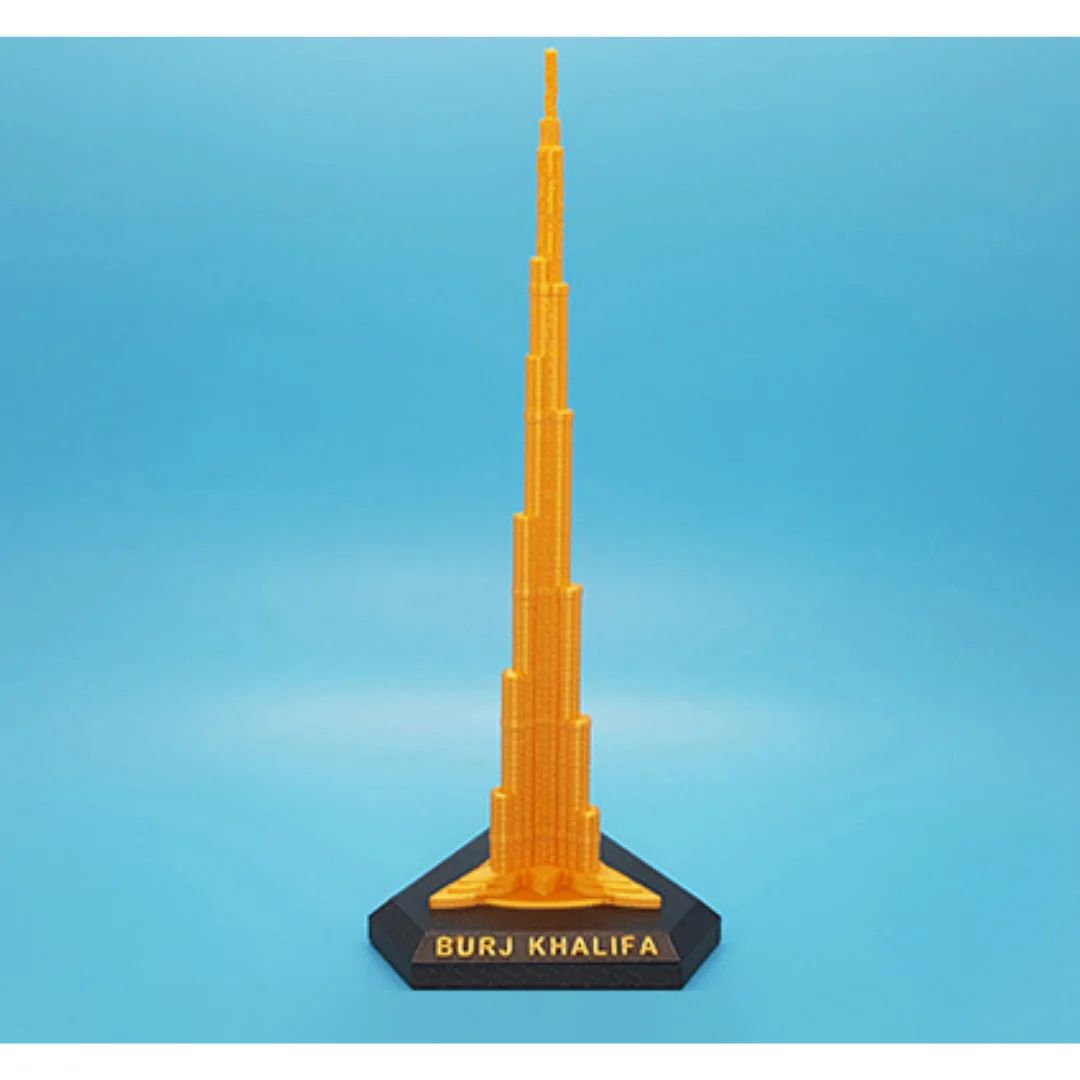 Burj Khalifa model on a labelled display base, showing the stepped tower and spire.