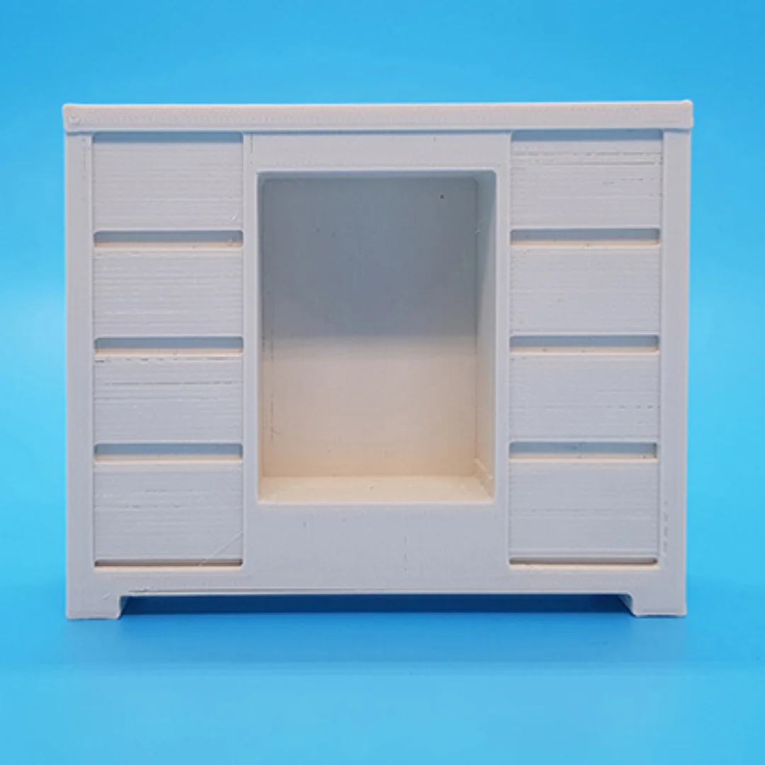 Front view of the Elegant-4 miniature cabinet at 1:20 scale, showing the central open compartment and side panels.