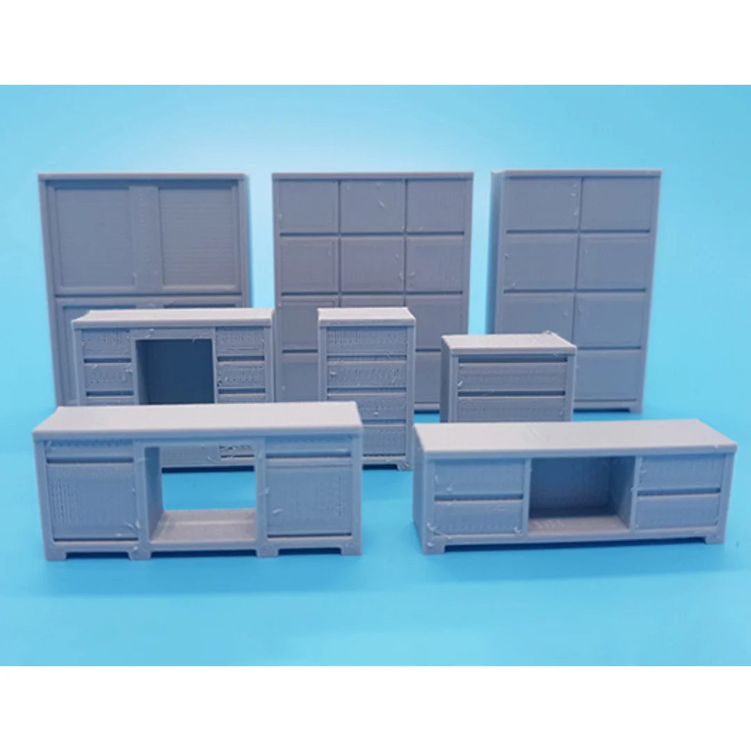 Elegant Cabinets miniature models displayed together at 1:50 scale.