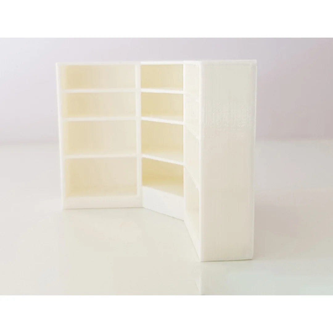 Small Corner Bookshelf miniature model showing its shelving and cabinet design at 1:50 scale.