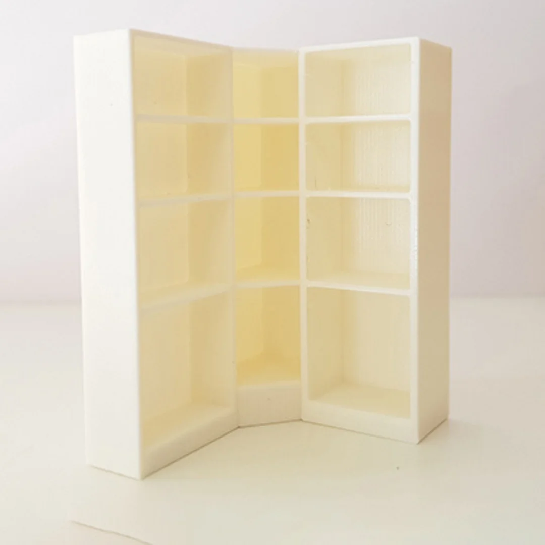 Large Corner Bookshelf miniature model showing its shelving and cabinet design at 1:50 scale.