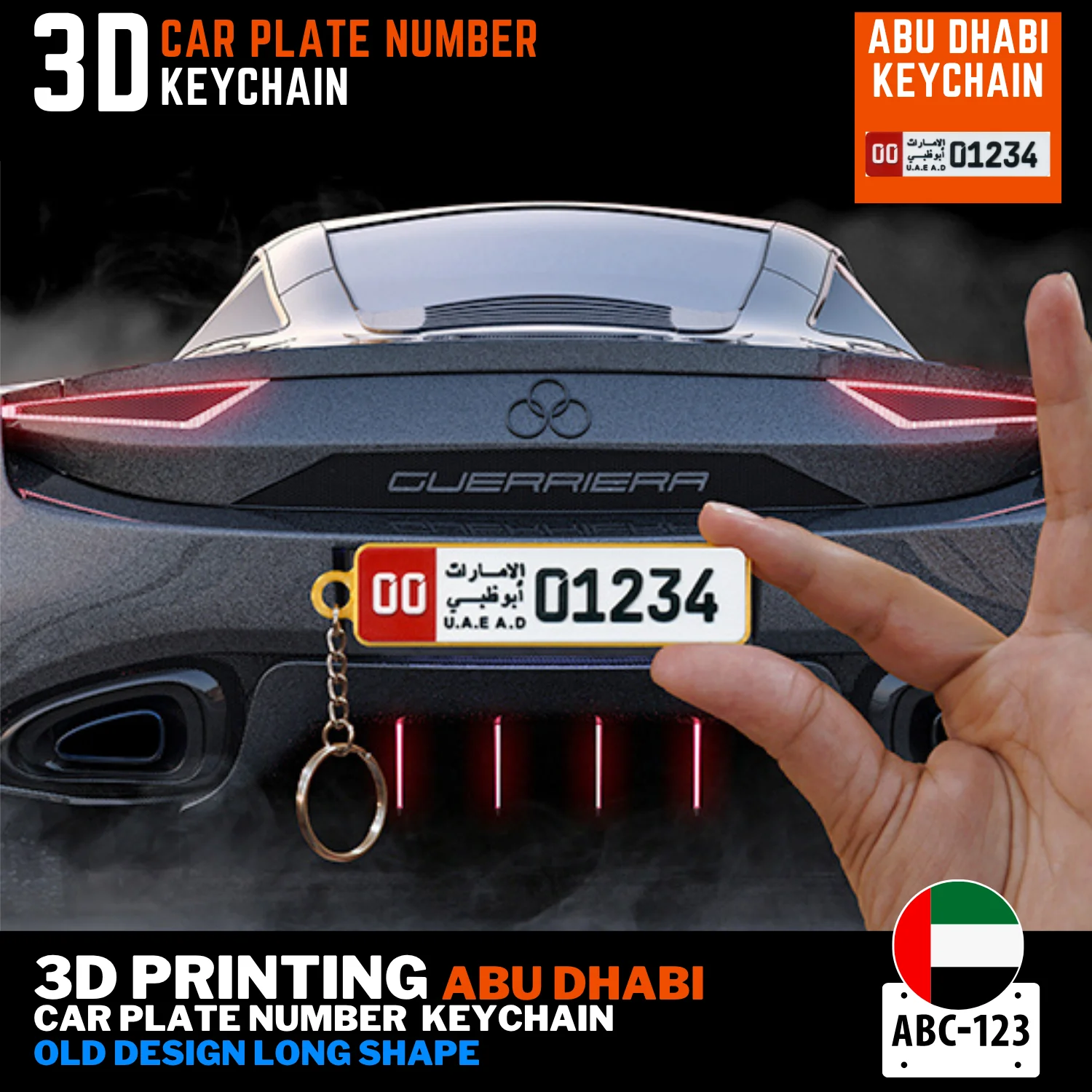 Abu Dhabi old long car plate keychain 3D printed free delivery UAE name on back