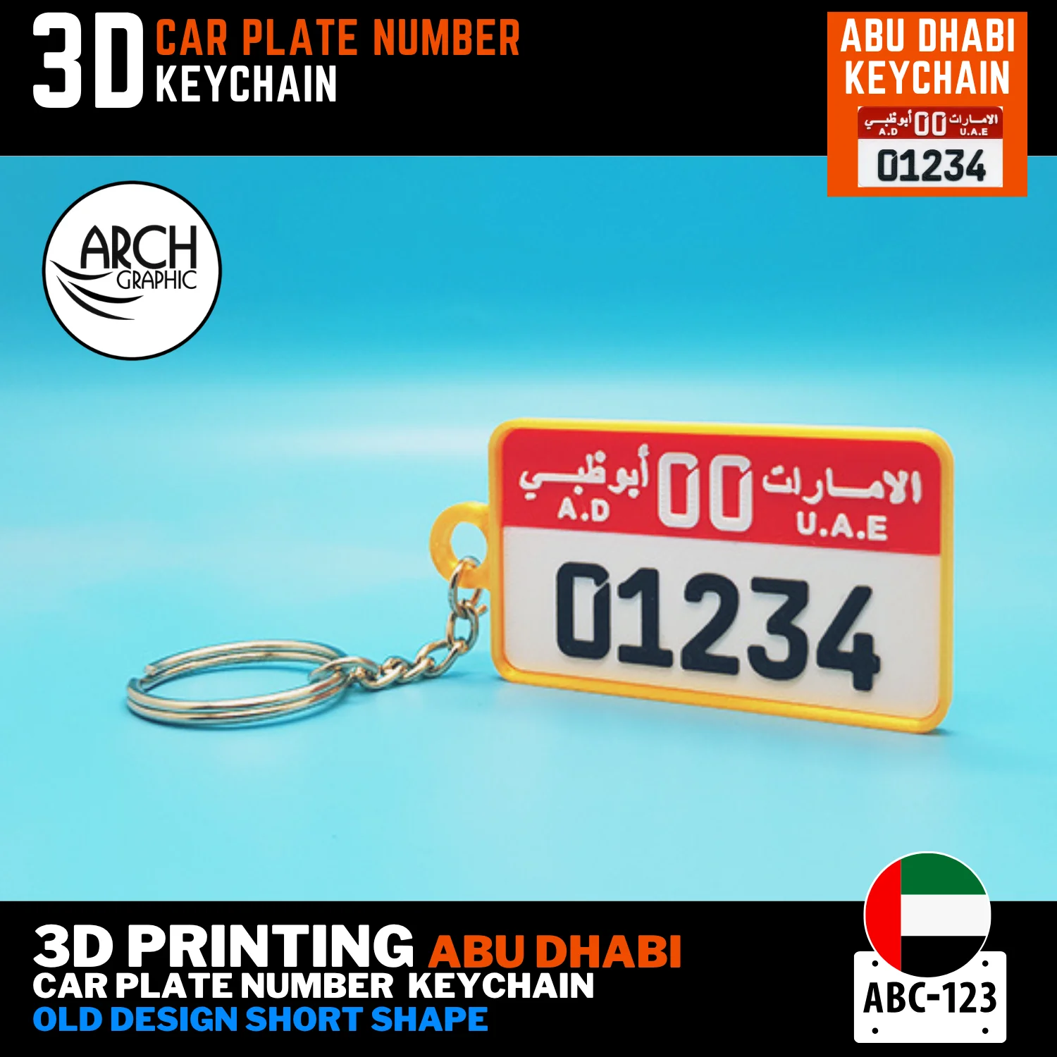 3D printed Abu Dhabi old short plate keyring customized with plate number UAE