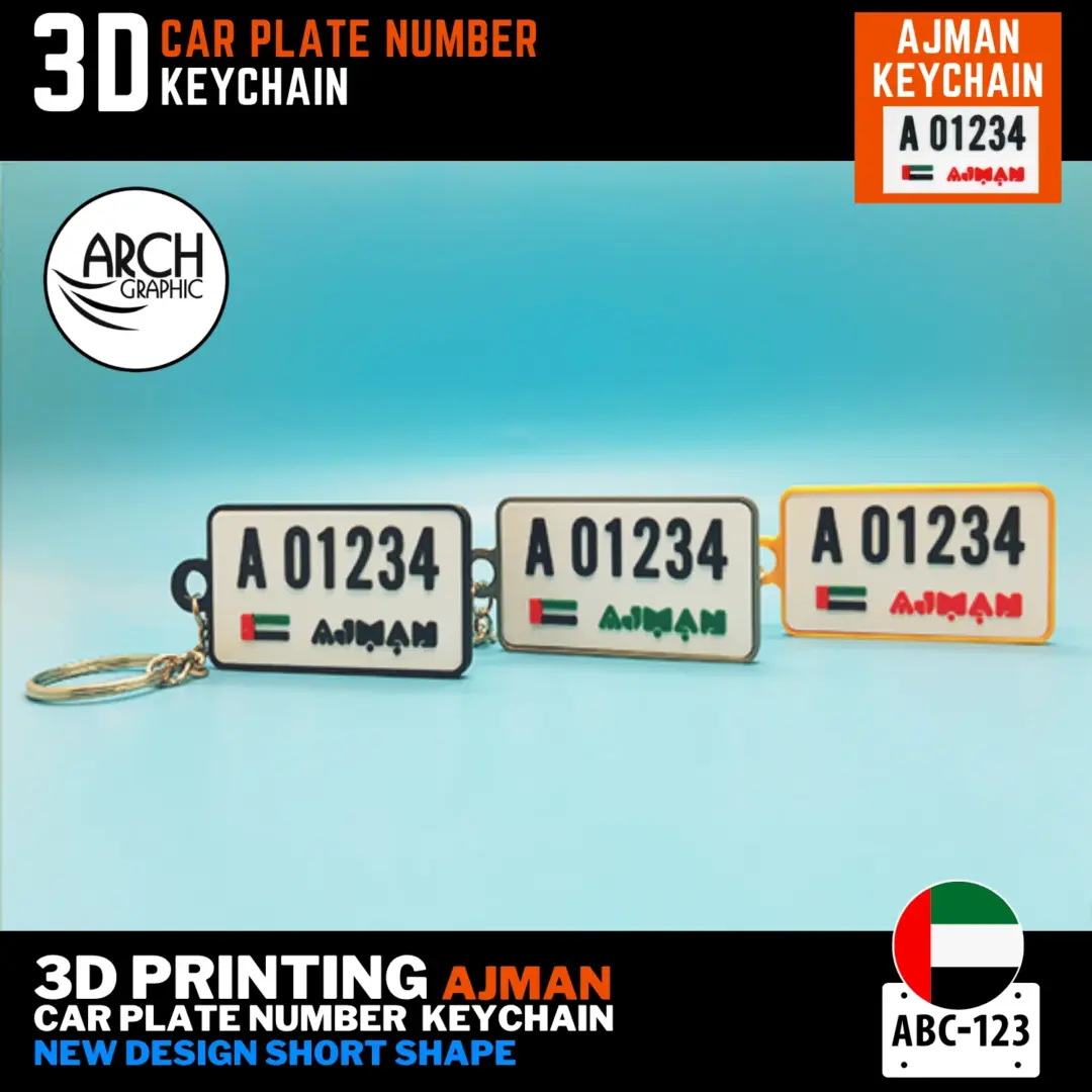 The Ajman Car Number Keychain New Long Plate is a precision 3D printed replica car plate keychain in the new long design for Ajman. This custom car plate keychain UAE is personalized with your plate number and custom logo color — choose from red, green, or black — with optional text on the back. A genuine custom number plate keyring UAE made for Ajman.