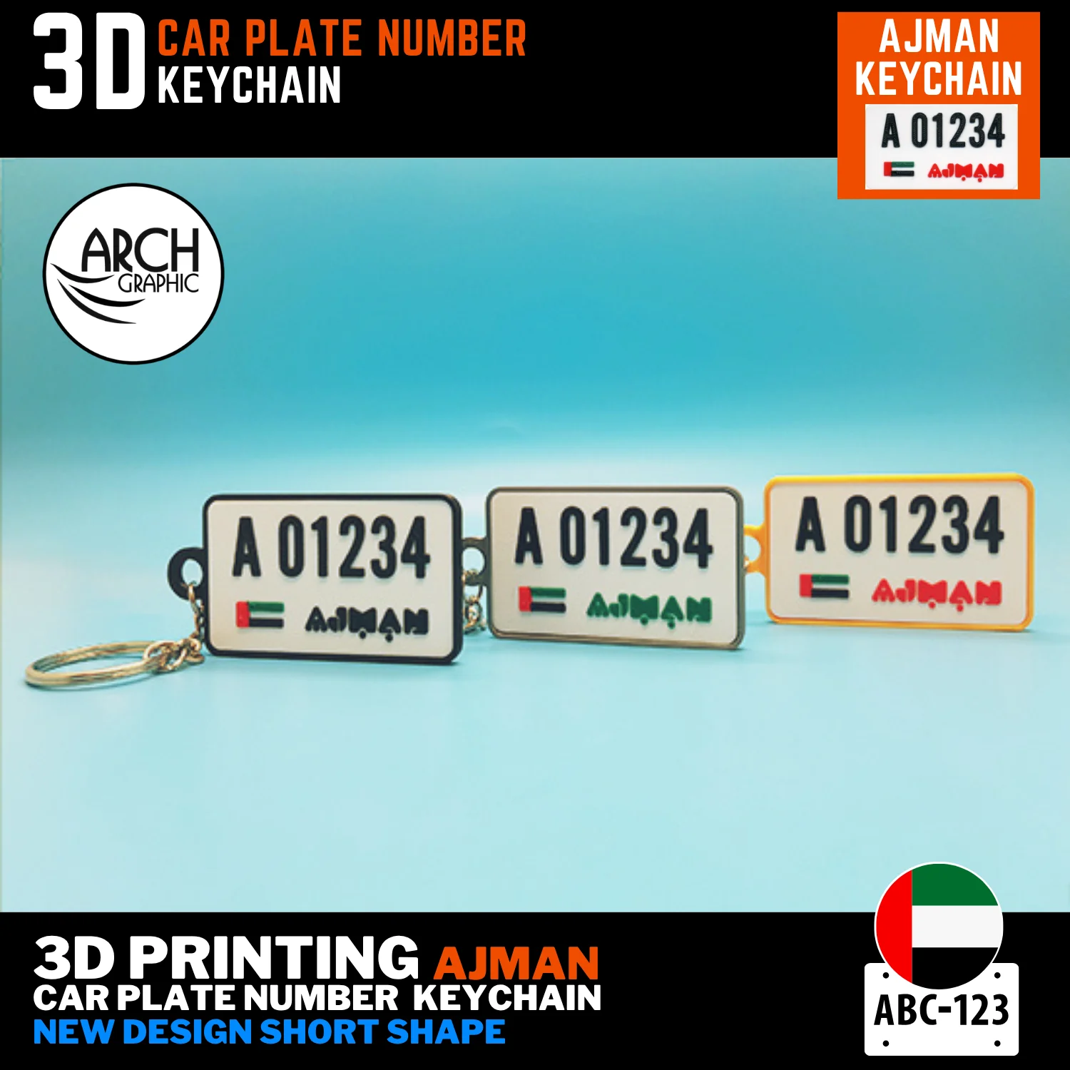 The Ajman Car Number Keychain New Long Plate is a precision 3D printed replica car plate keychain in the new long design for Ajman. This custom car plate keychain UAE is personalized with your plate number and custom logo color — choose from red, green, or black — with optional text on the back. A genuine custom number plate keyring UAE made for Ajman.