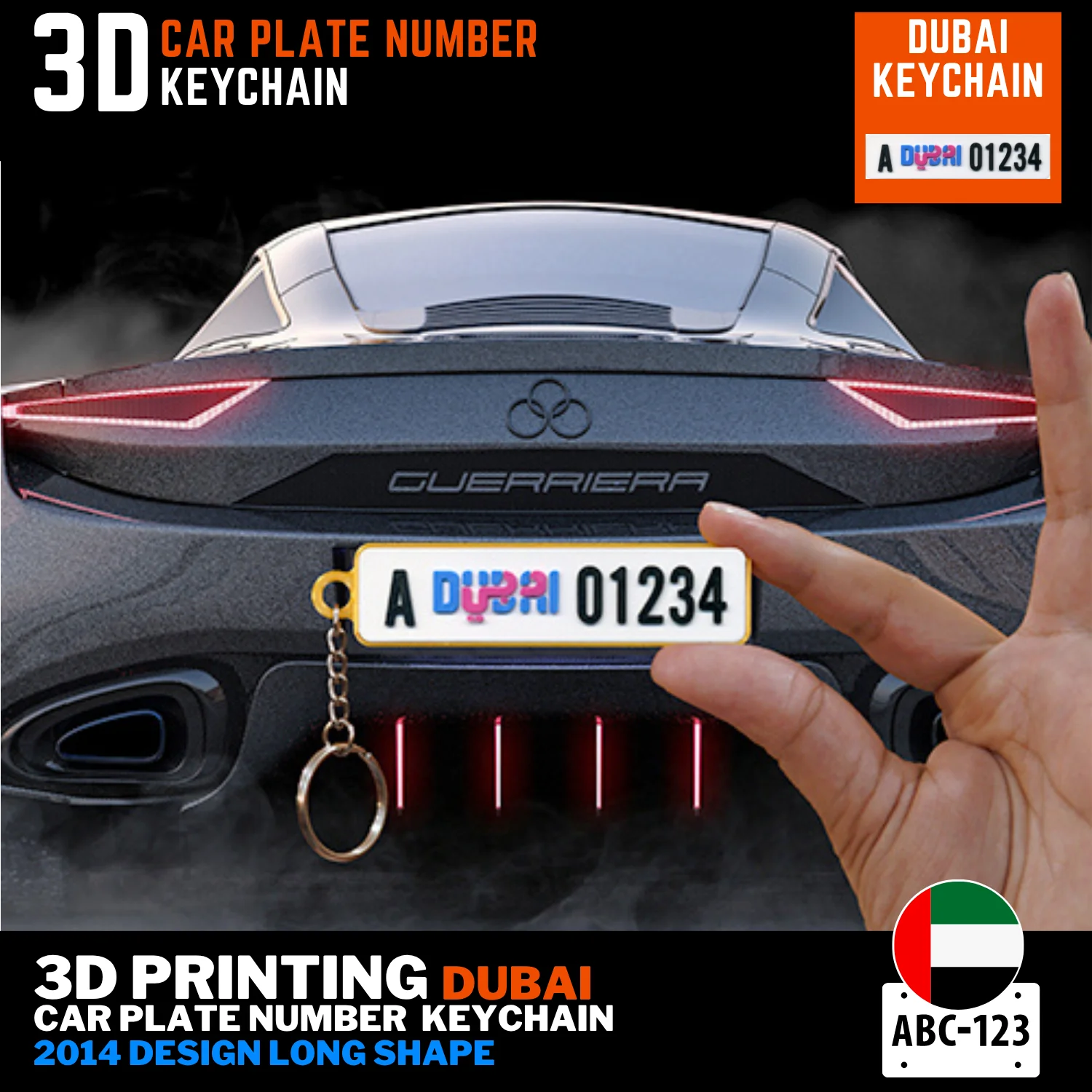 Dubai car plate keychain 2014 long FDM printed miniature plate name on back UAE