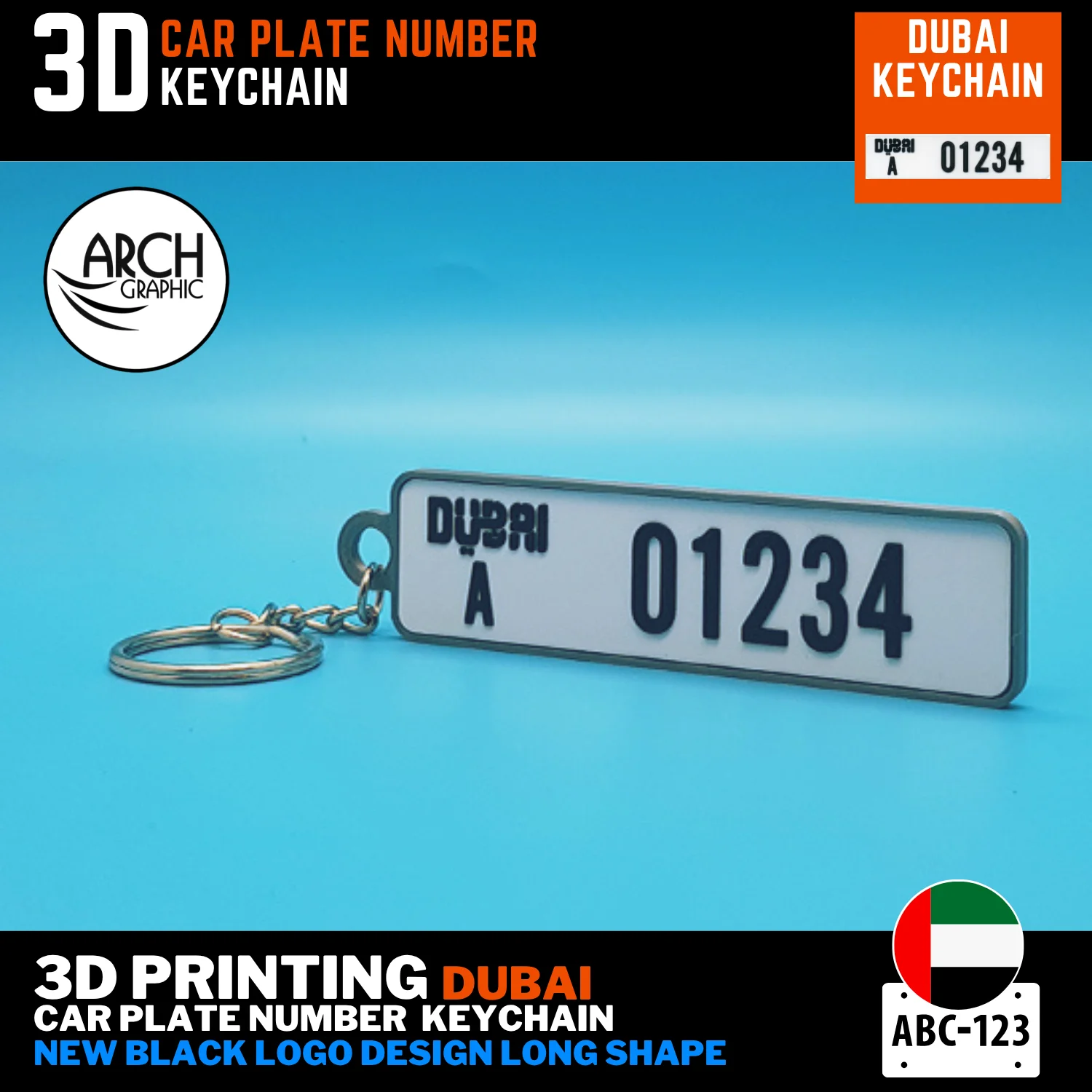 Dubai car plate keychain gift UAE new long black logo design 3D printed
