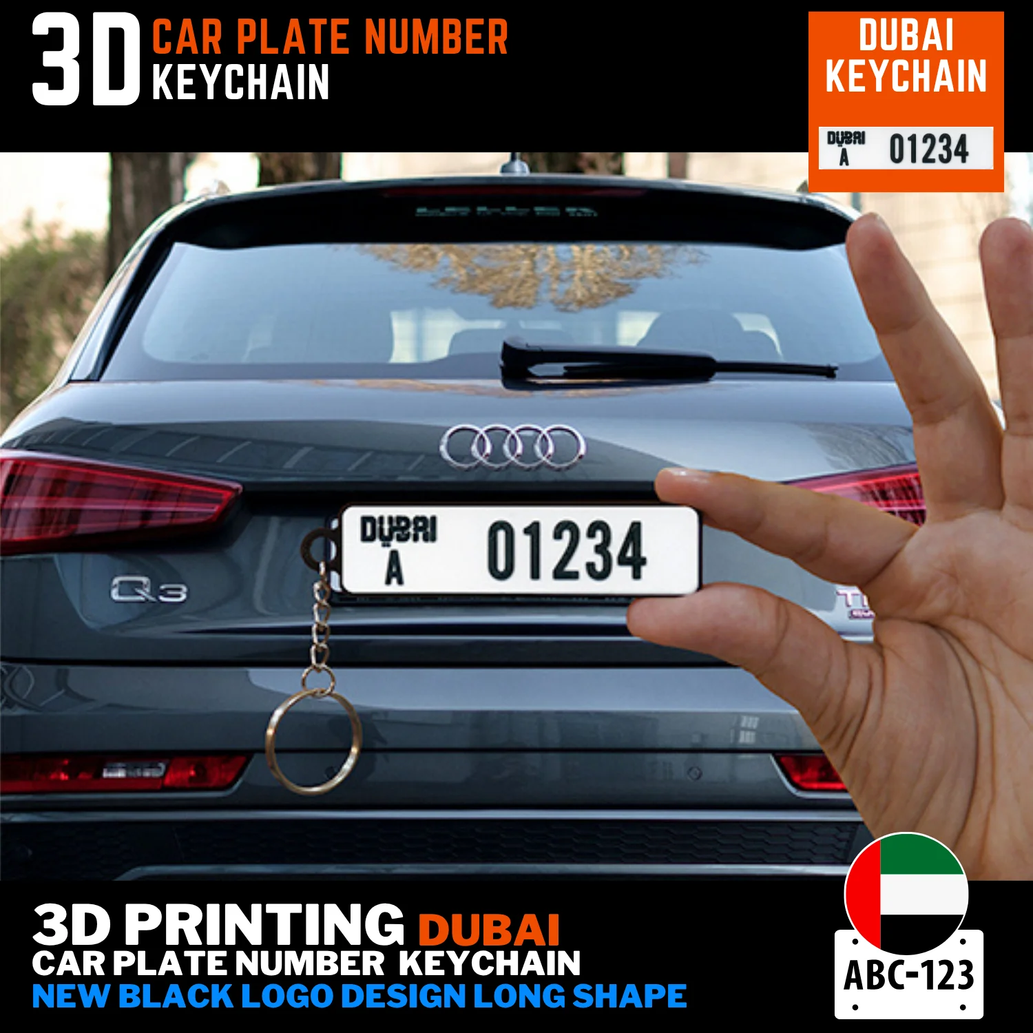 Dubai car number plate keychain new long black logo 3D printed custom text back UAE