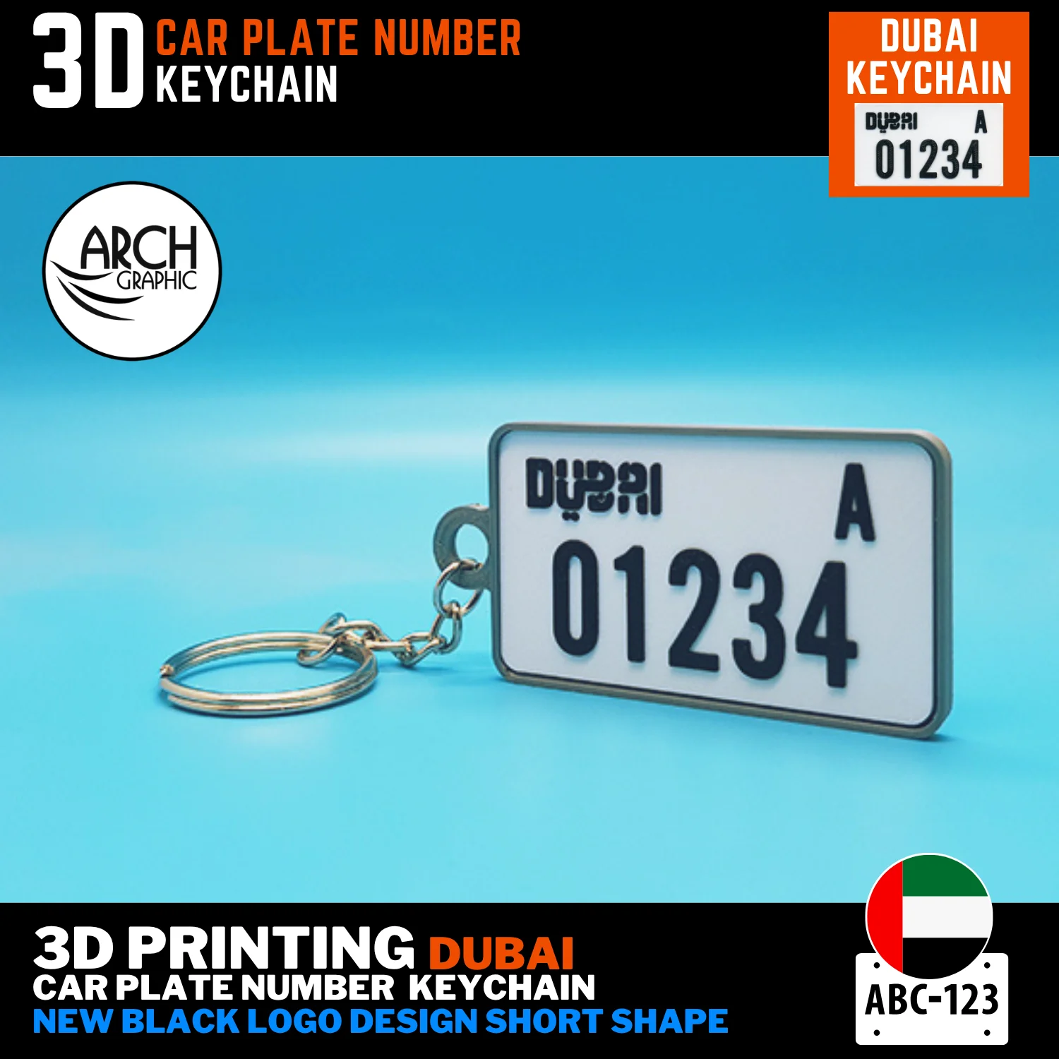 UAE license plate keyring Dubai new short black logo design 3D printed