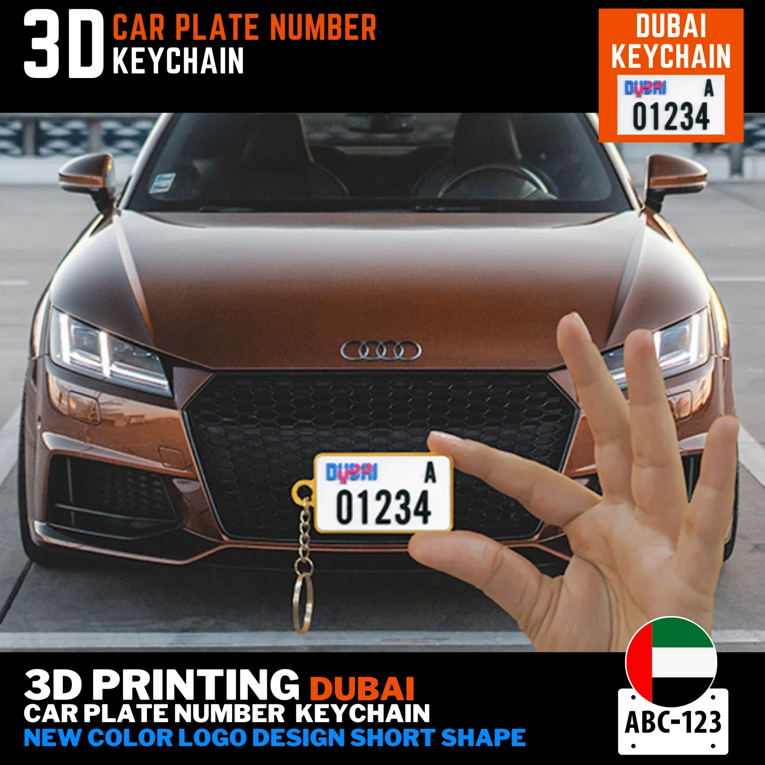 3D printed number plate keyring Dubai new short color logo design UAE
