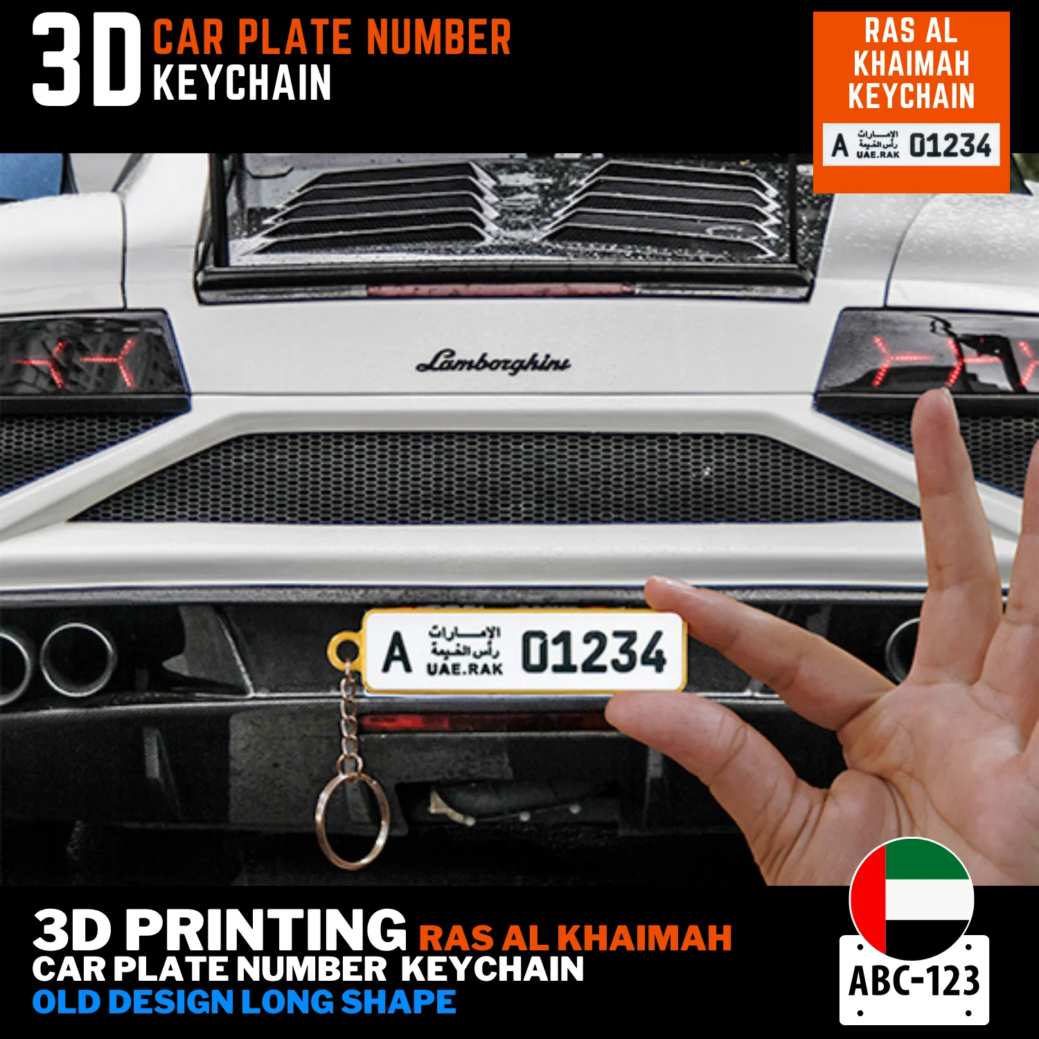 RAK car plate number keychain old long FDM 3D printed custom UAE