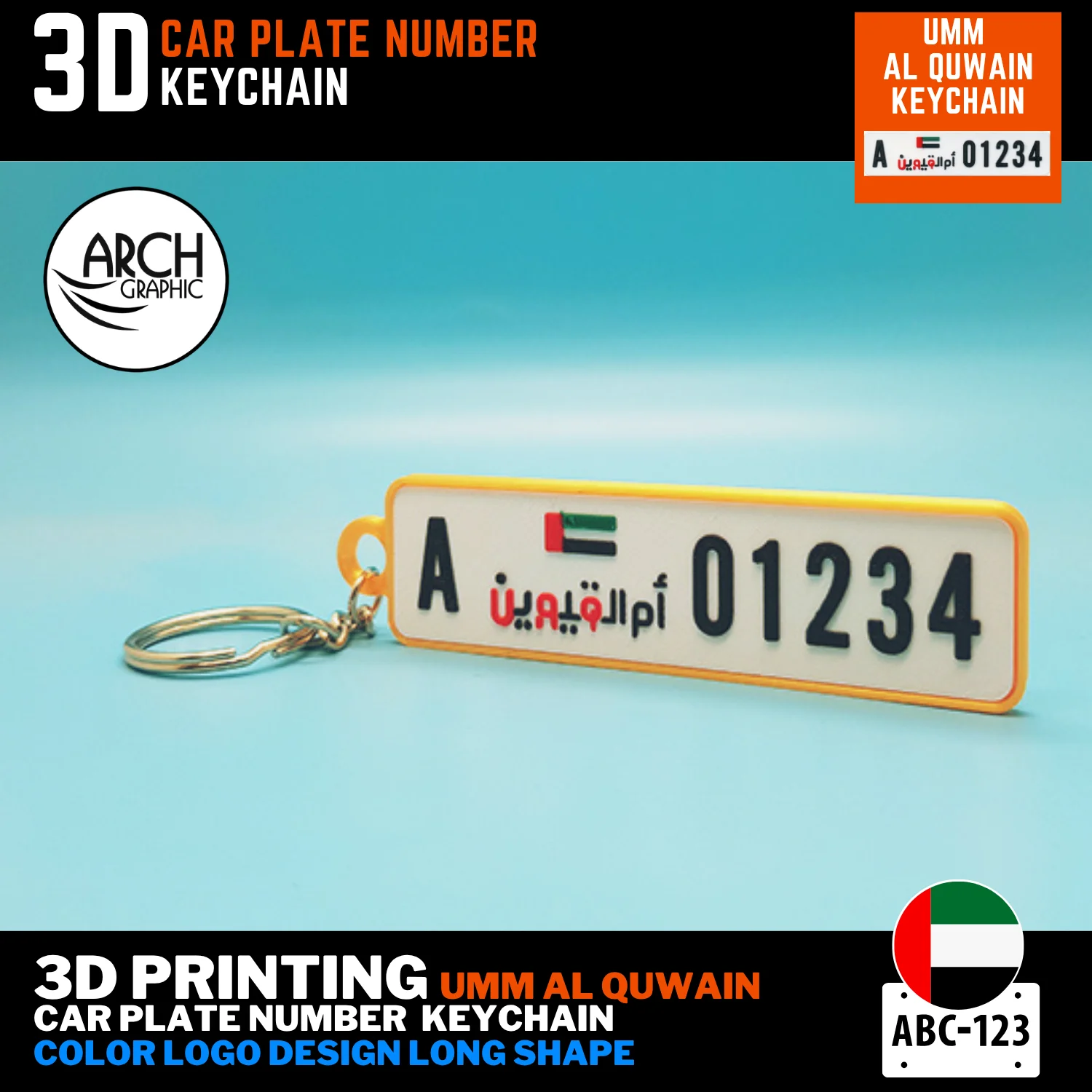 3D printed UAQ car plate keychain long color logo design UAE