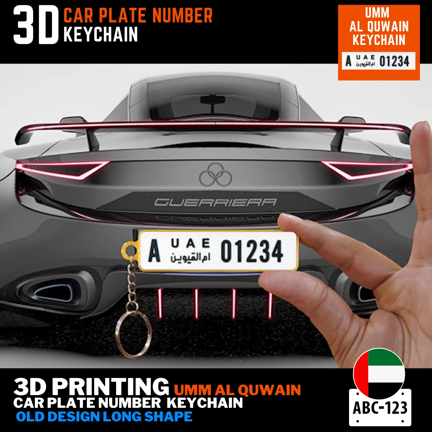 UAQ car plate keychain old long 3D printed free delivery UAE custom