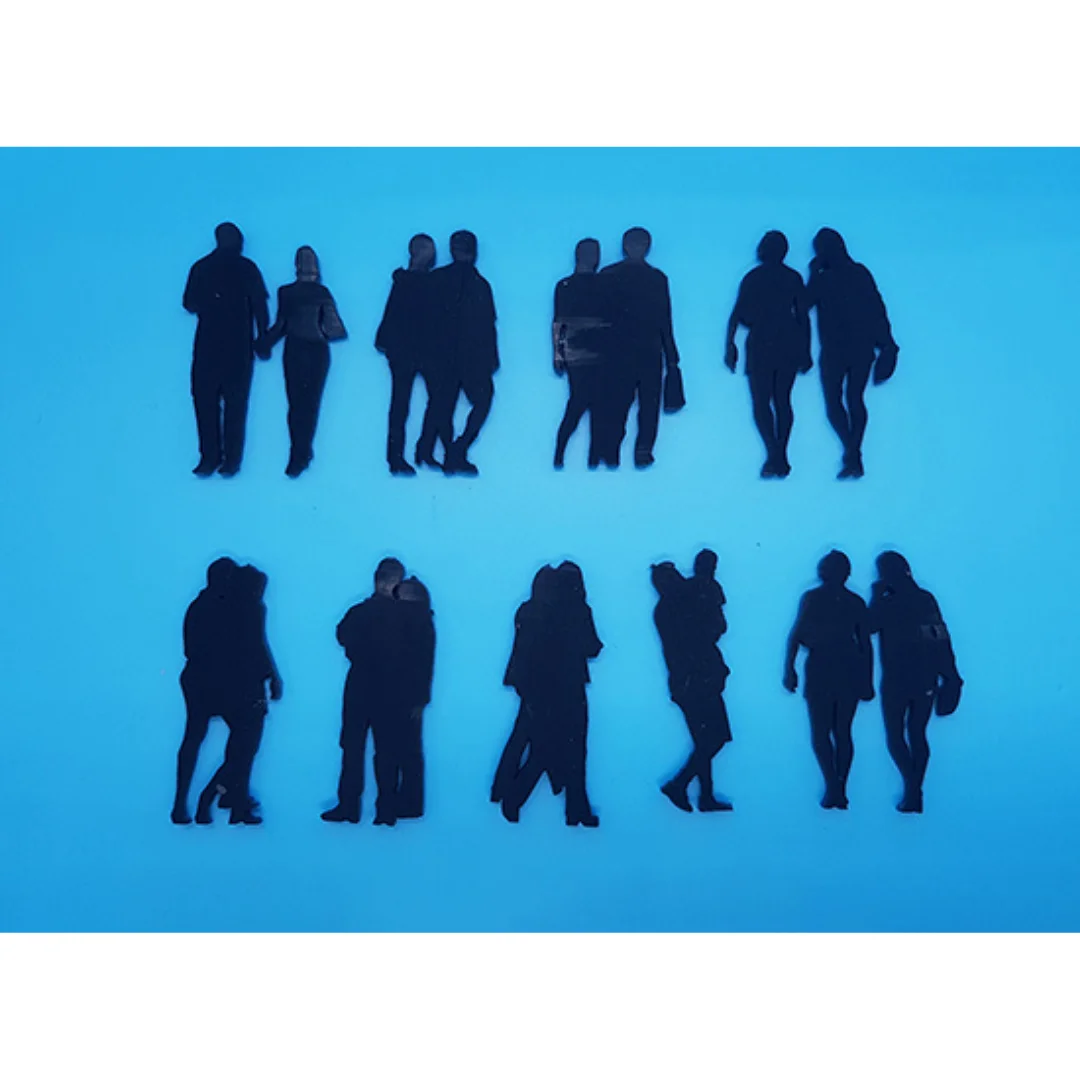 Weekend-1 miniature human silhouette figures laid flat for architectural models at 1:50 scale.