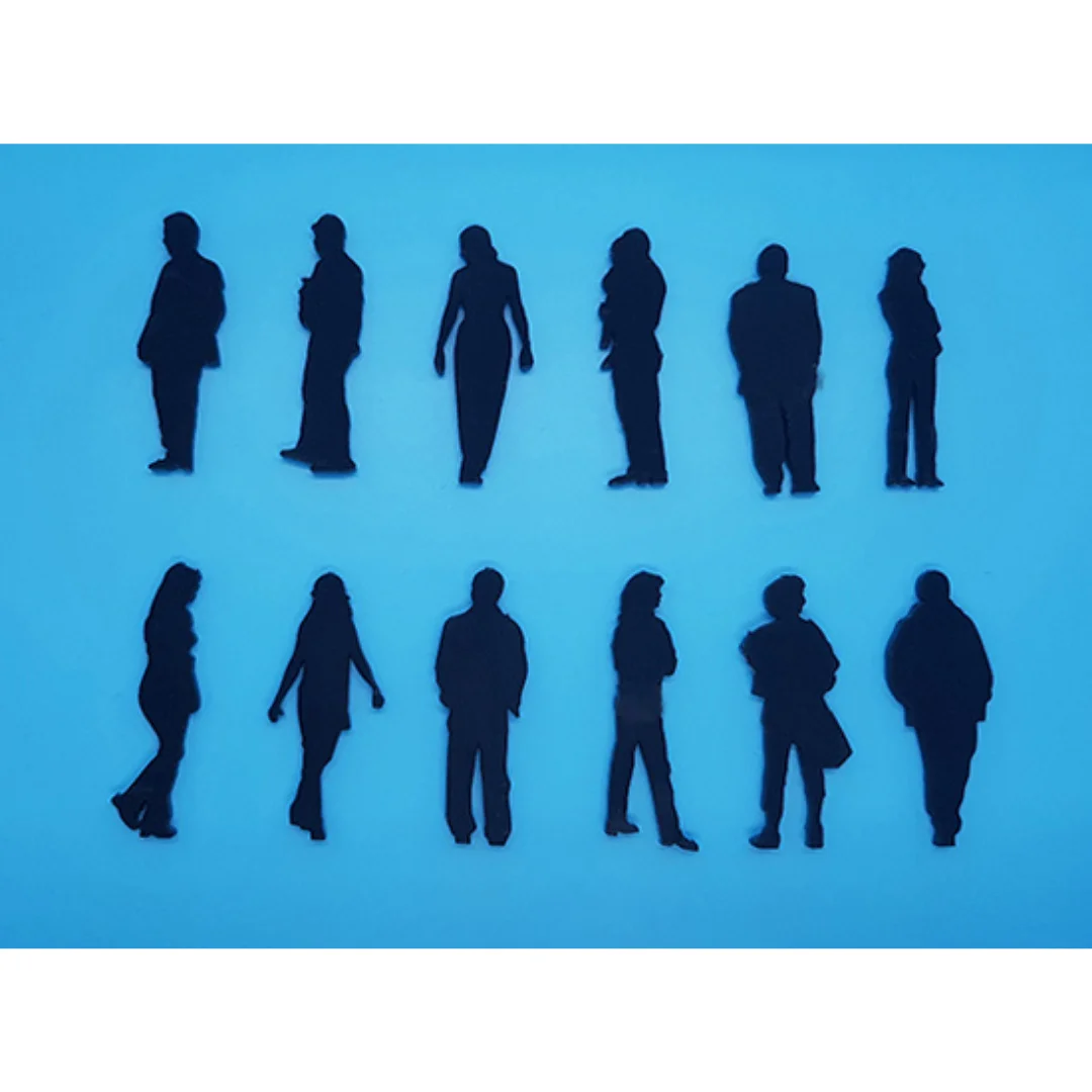 Weekend-2 miniature human silhouette figures laid flat for architectural models at 1:50 scale.