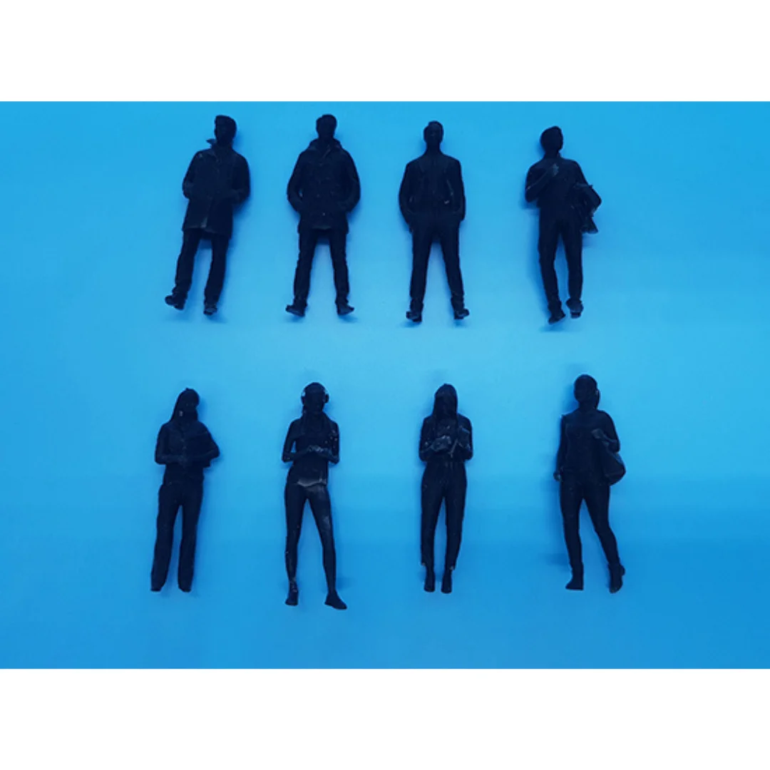 Business-1 miniature human figures laid flat for architectural models at 1:50 scale.