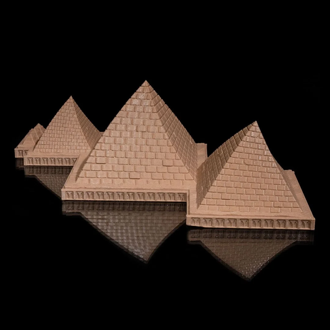 Opposite angled view of a Giza pyramid complex model with stone-block detailing.