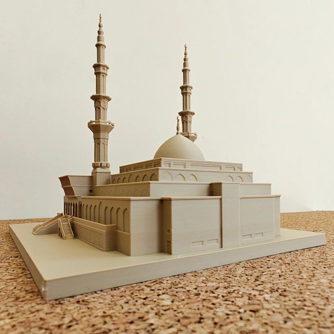 Rear angled view of a King Faisal Mosque model.