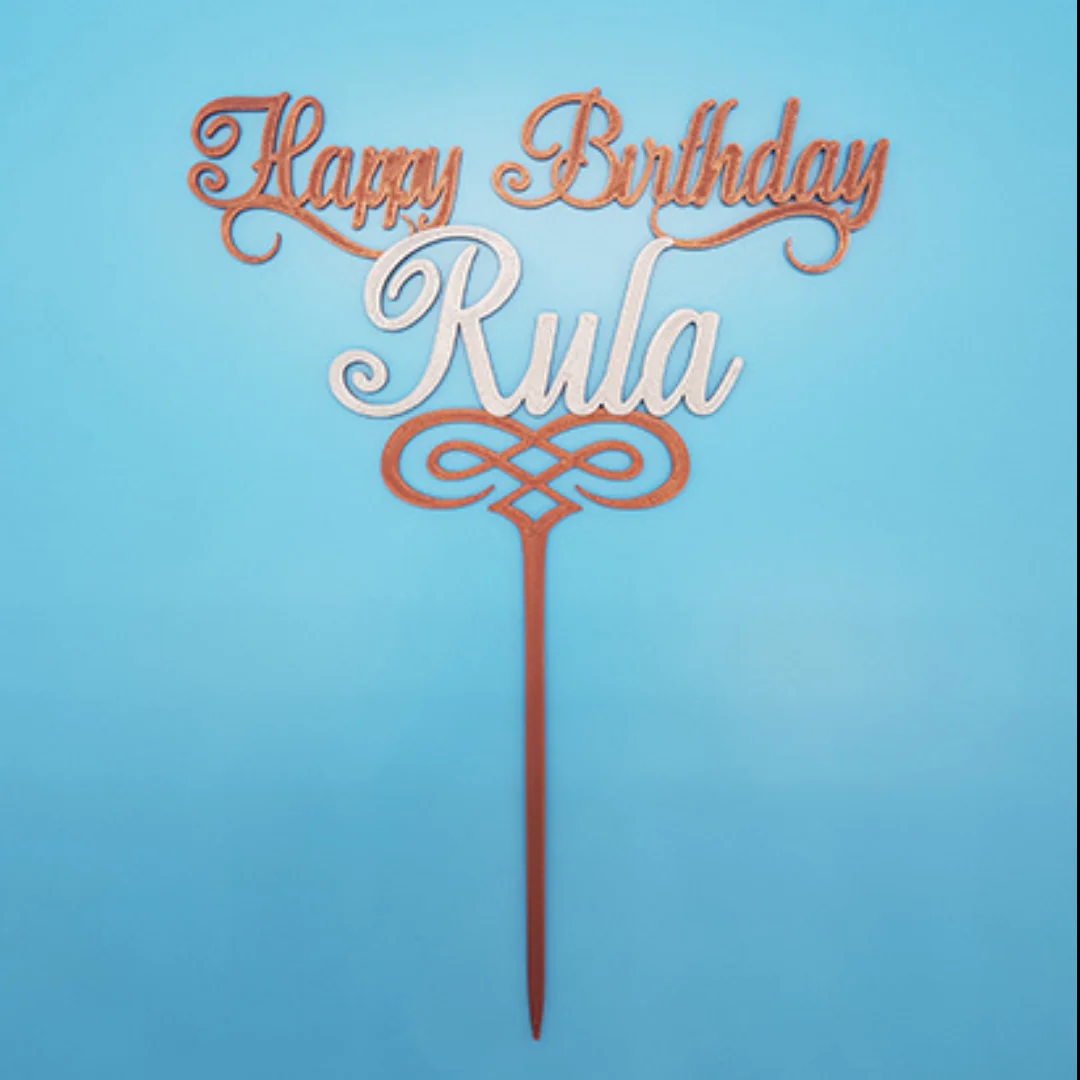 Personalised cake topper with Happy Birthday lettering, the name Rula and decorative scrollwork.