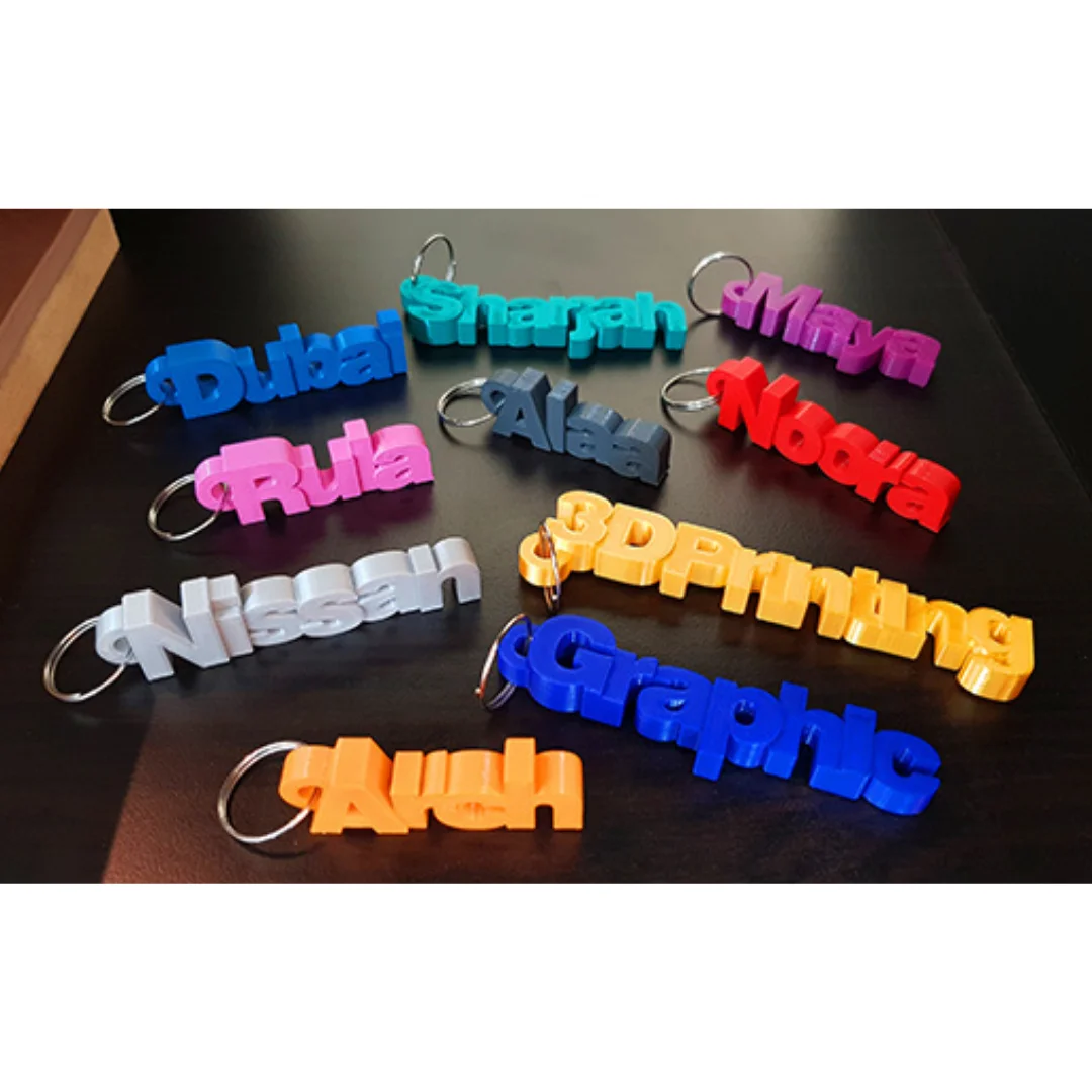 Personalised name keychains arranged to show different example names.