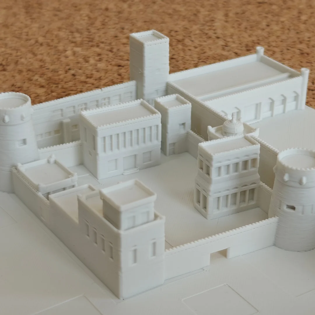 Close angled view of the inner fort in a Qasr Al Hosn model.