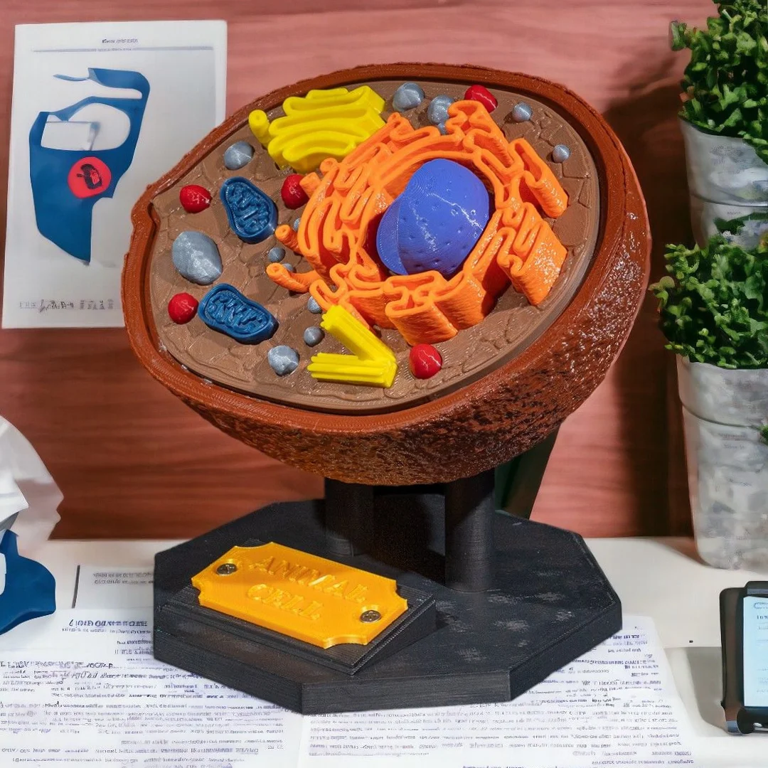 Front view of an animal cell teaching model on its base.
