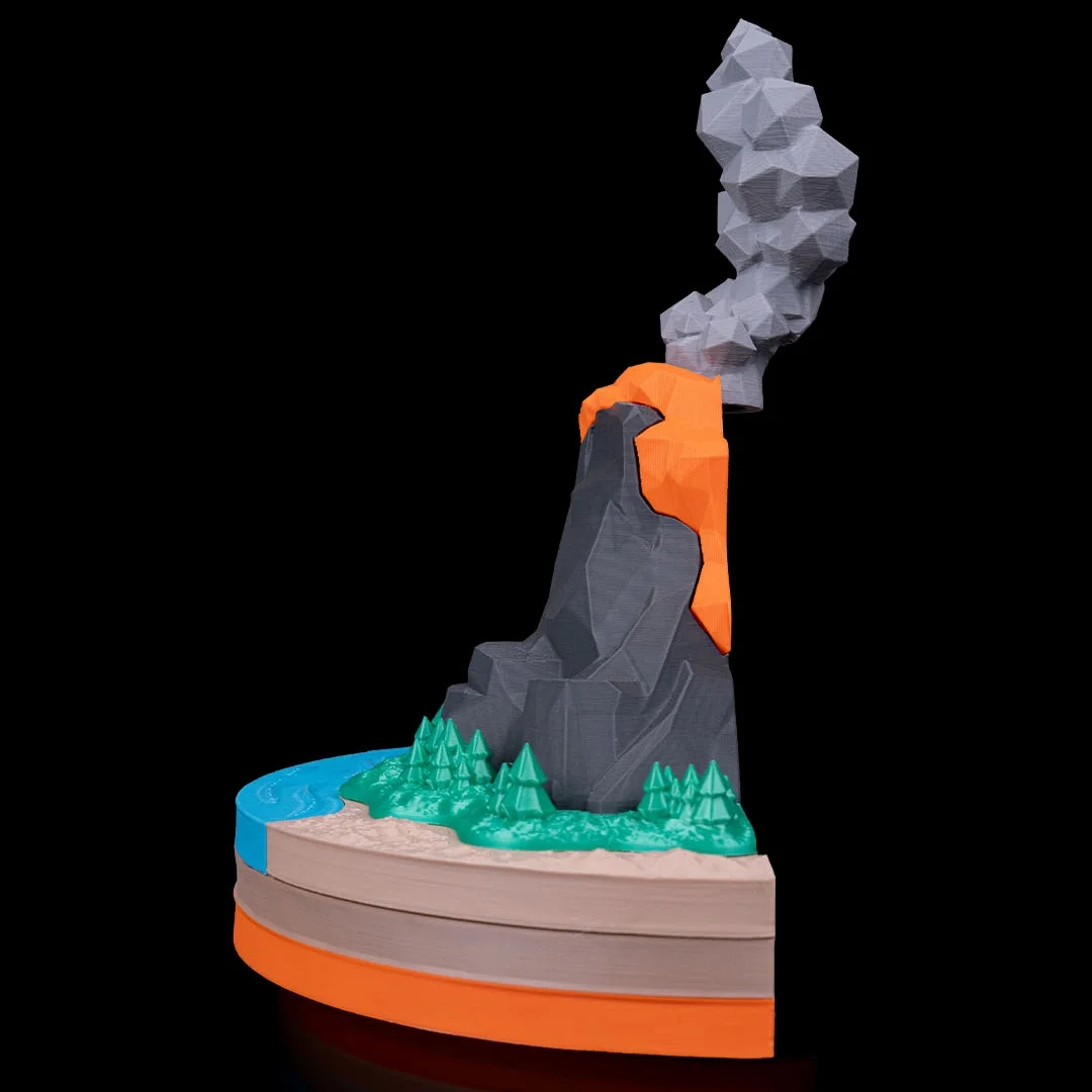 Side view of a separated volcano half and layered ground.