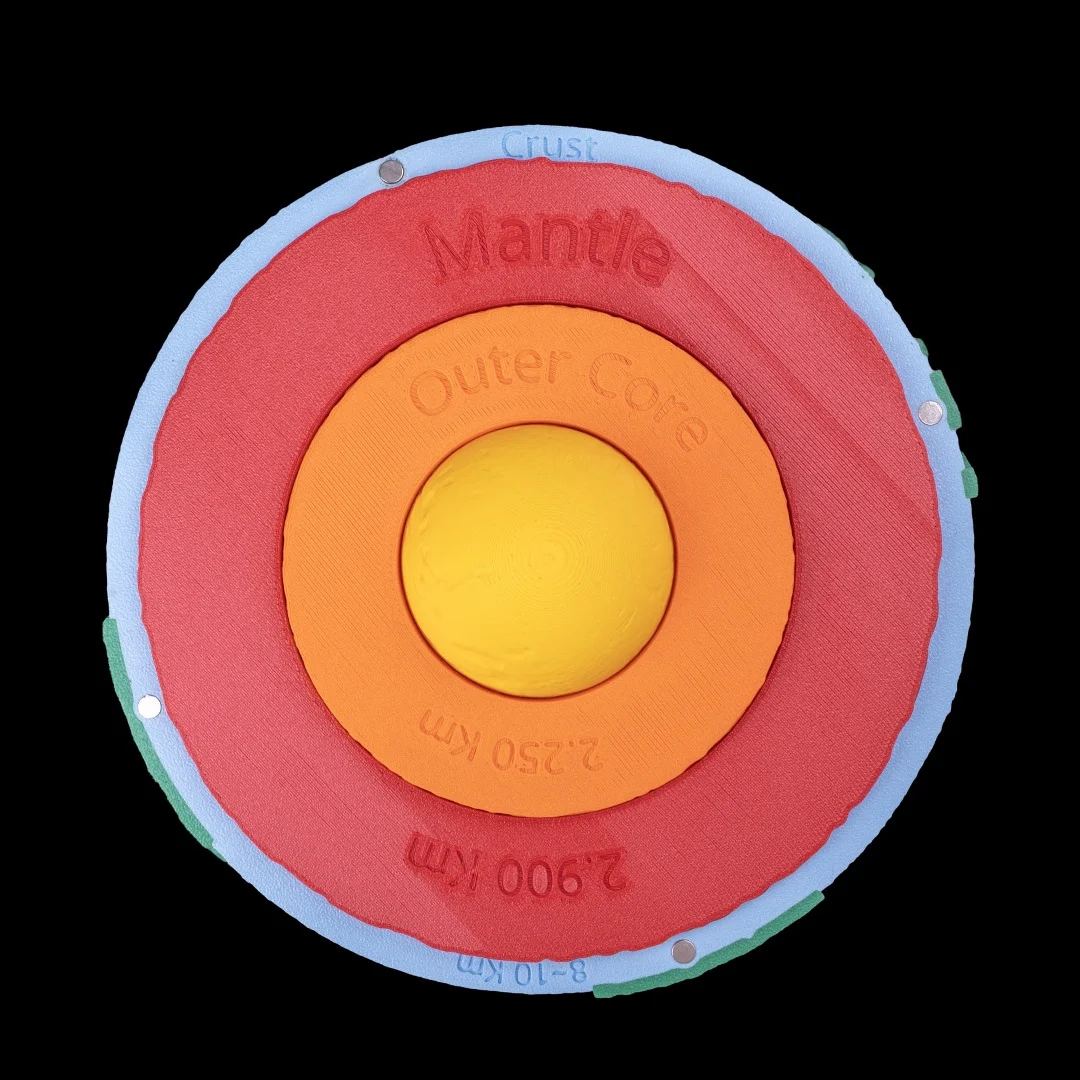 Open Earth model showing concentric internal layers and engraved labels.