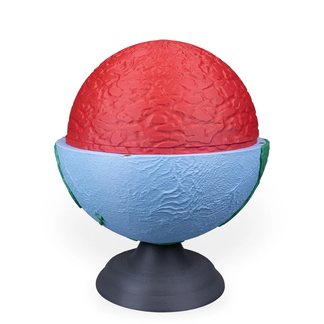 Partly opened Earth model with a textured internal hemisphere exposed.