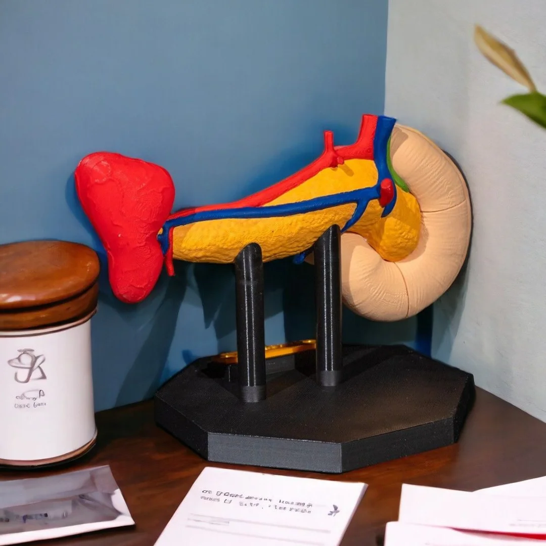 Pancreas teaching model viewed from the back on its stand.