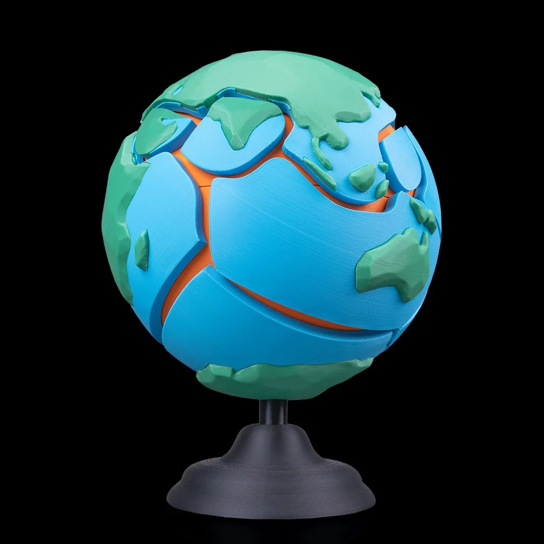 Angled view of an assembled Earth puzzle showing Asia and the Indian Ocean.