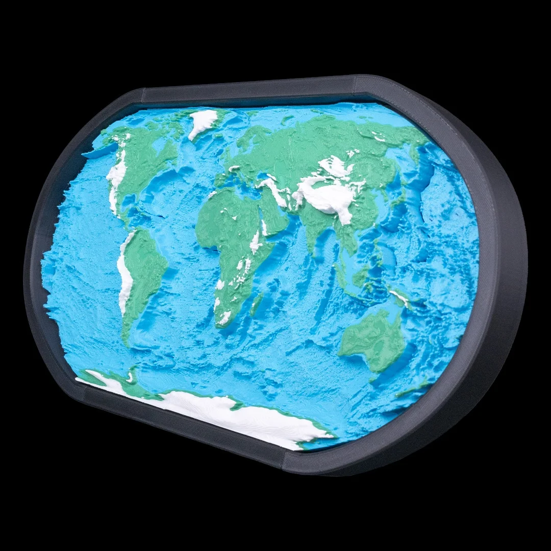 Angled view of a world relief map showing raised terrain.
