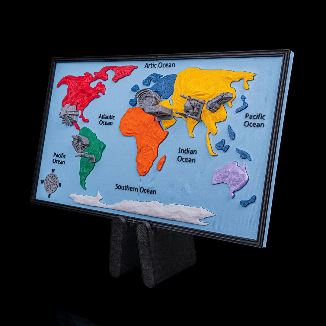Angled view of the world map teaching model on its stand.