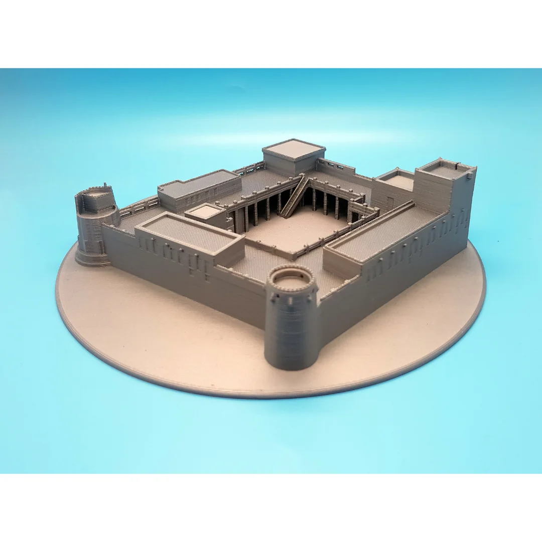 Opposite angled view of a Sharjah Fort model showing towers and courtyard.