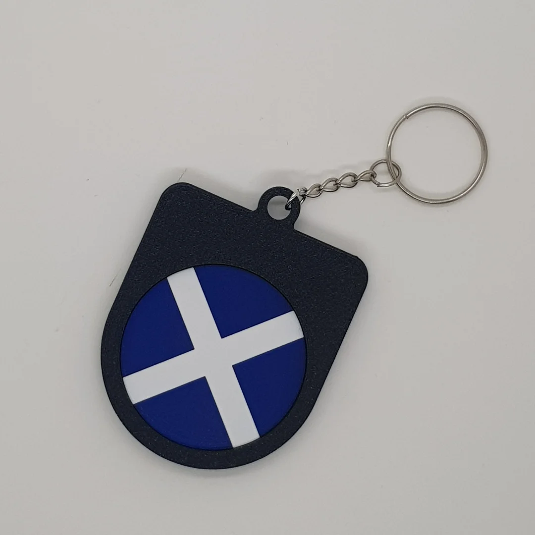 Rear view of a Scotland football keychain showing the national flag.